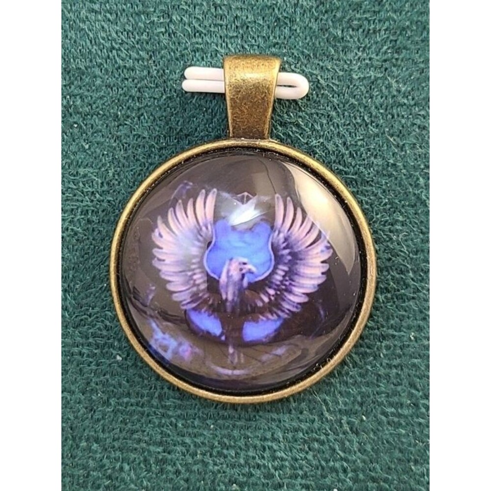 Blue Purple Eagle Glass Dome Pendant Bird Charm 1.25" Brass Tone Art Jewelry